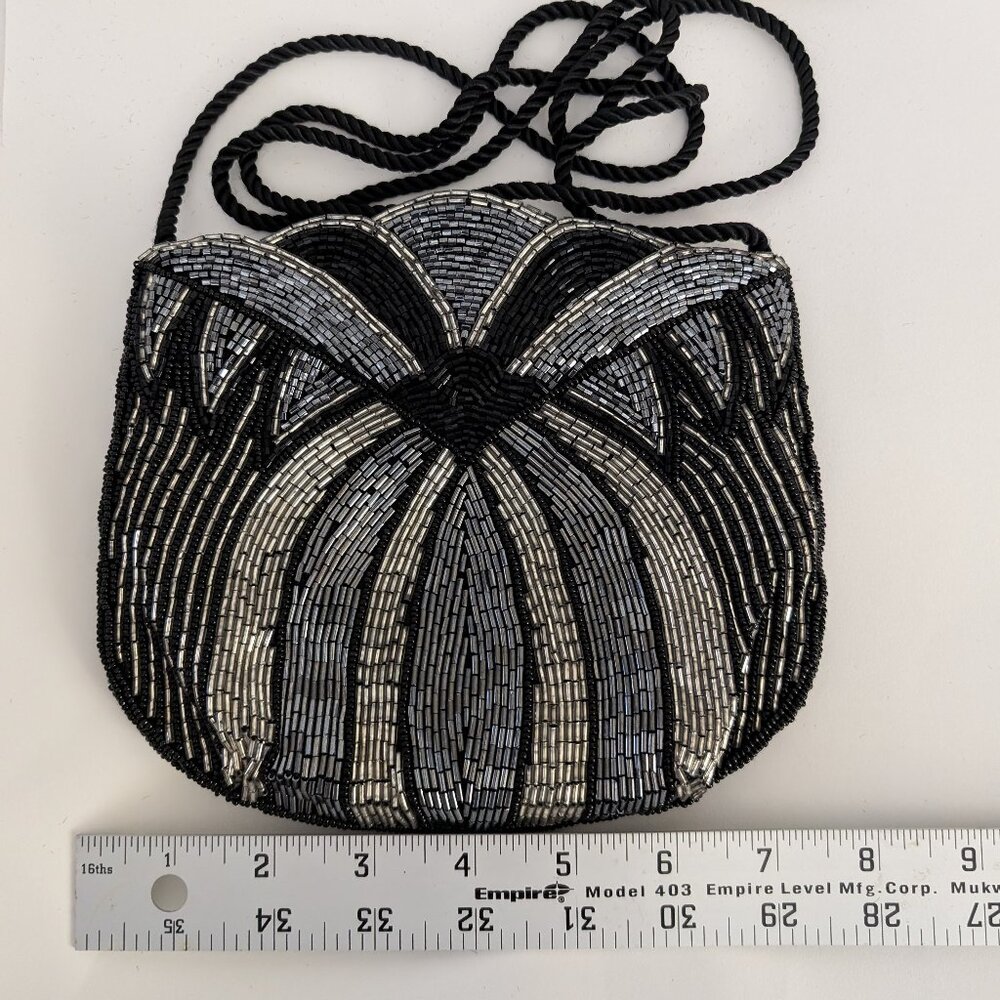 Beaded Evening Bag Purse Art Deco with Rope Strap Black and Silver - 7 1/2 x 7"